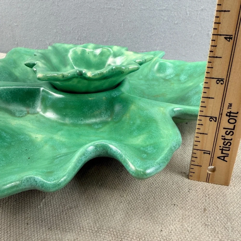 Vintage Green Leaf Chip and Dip‎ Set Signed GJS Studio Pottery Mid Century Style
